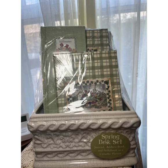 Vintage Cottagecore Desk Set w Ceramic Planter – Floral Garden Stationery Organi - Picture 2 of 6